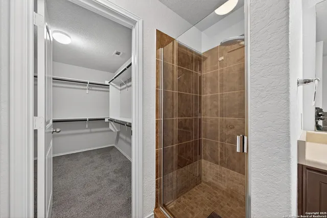 a bathroom with a shower and a sink