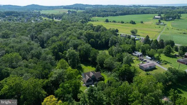 an aerial view of green landscape with trees houses and mountain view