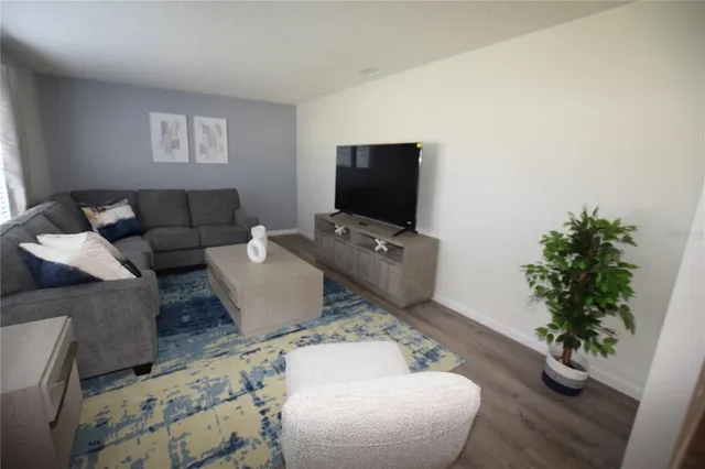 a living room with furniture potted plant and a flat screen tv