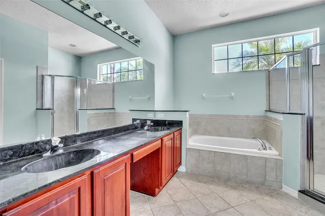 a bathroom with a granite countertop bathtub sink vanity and mirror
