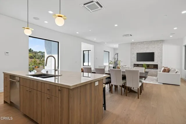 a living room with furniture a potted plant and a painting on the wall