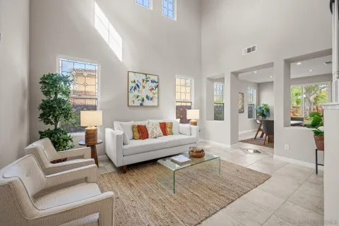 a living room with furniture and a potted plant