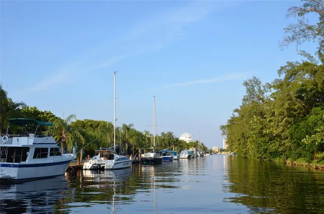 a view of water with boats and trees in the background
