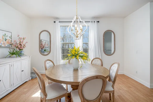 a dining room with furniture a potted plant and wooden floor