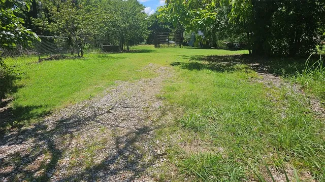 a view of a park with large trees