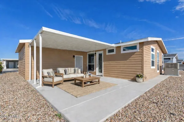 a building outdoor space with patio furniture