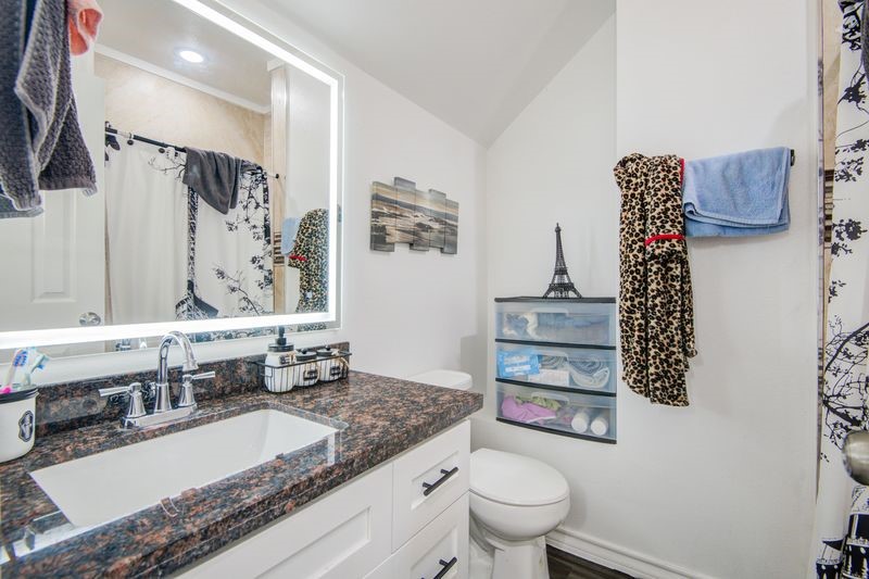 1256 2nd Street Clute, TX 77531 - Photo 34 of 43 a bathroom with a granite countertop sink a toilet and a shower