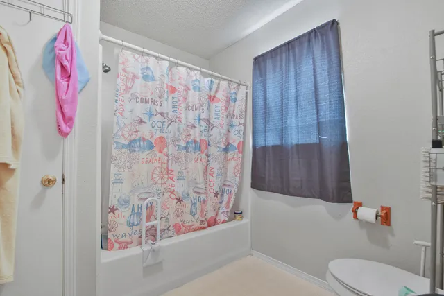 a bathroom with a toilet and shower curtain