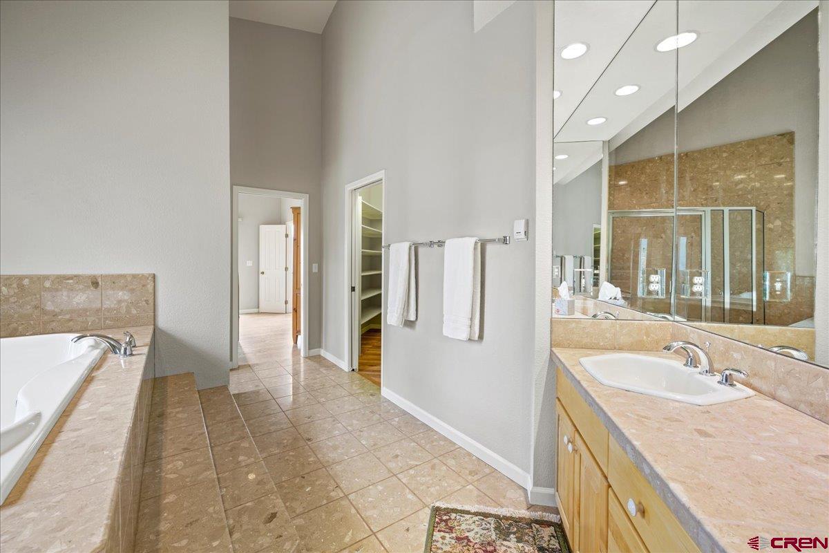 1600 Elk Ridge Trail Ridgway, CO 81432 - Photo 21 of 43 a spacious bathroom with a granite countertop sink a mirror and a shower
