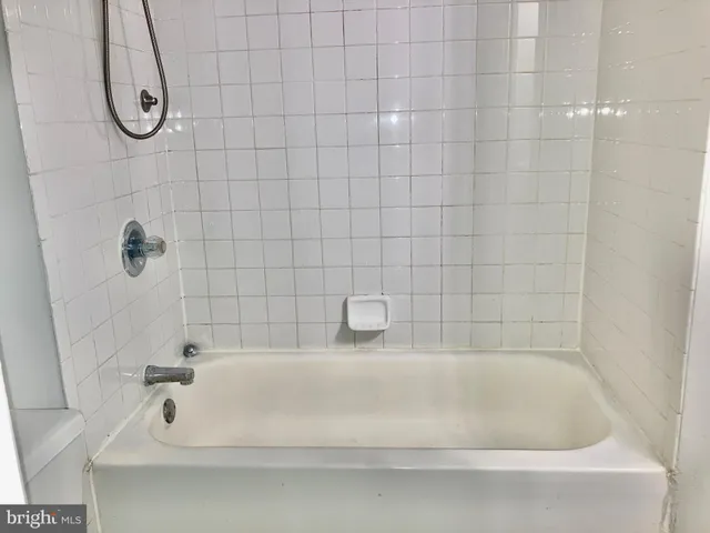 a bathroom with a white bath tub and a shower