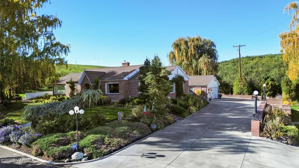 an aerial view of a house with a yard and potted plants