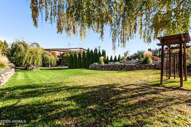 a view of a chairs and table in the backyard