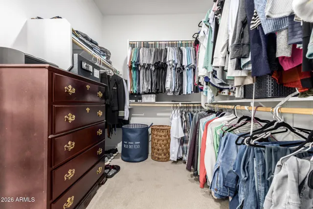 a view of walk in closet with clothes and shoes