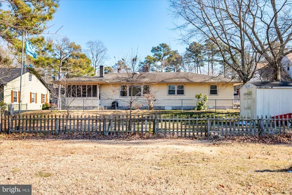 a view of backyard with wooden fence and large trees