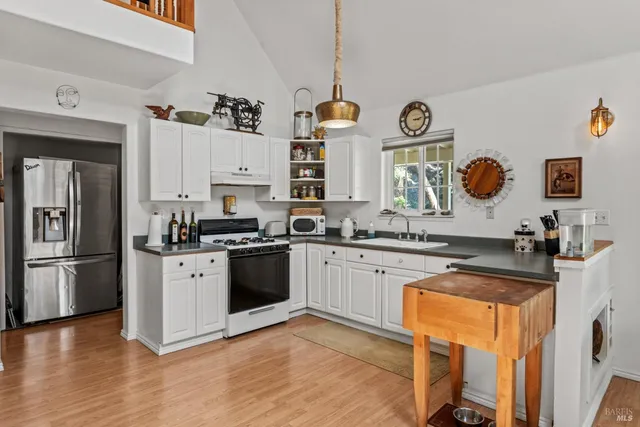 a living room with furniture a rug and wall painting