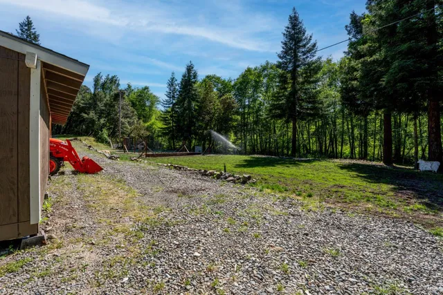 a view of yard with swimming pool and green space