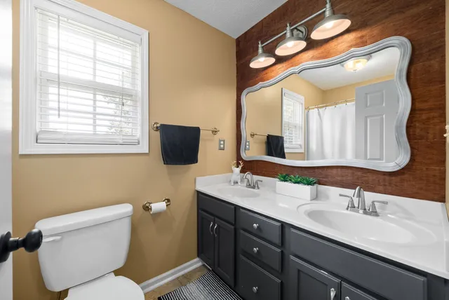 a bathroom with a toilet sink and mirror