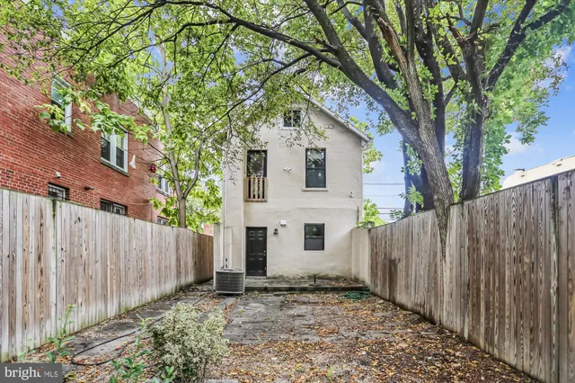 a view of a backyard with wooden fence and a large tree