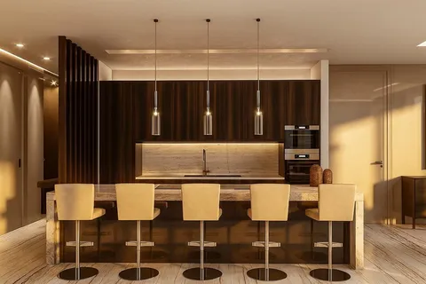 a kitchen with a dining table chairs and white cabinets