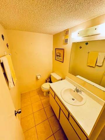 a bathroom with a sink mirror and toilet