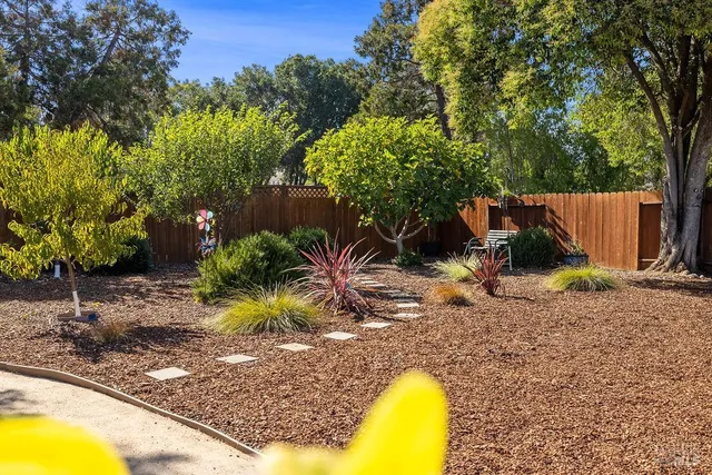 a backyard of a house with table and chairs plants and large trees