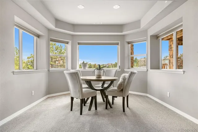 a view of a dining room with furniture a chandelier and a window