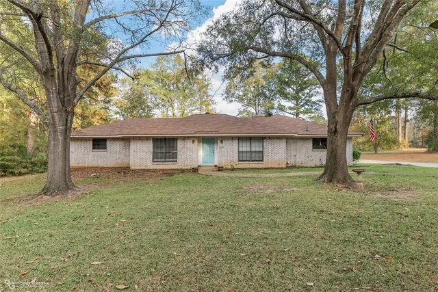 a view of a house with a yard and large tree