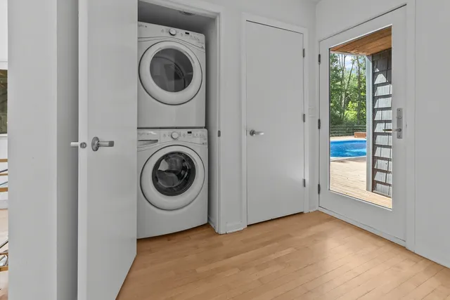 a view of a park with large trees