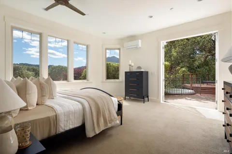 a bedroom with a bed and a ceiling fan