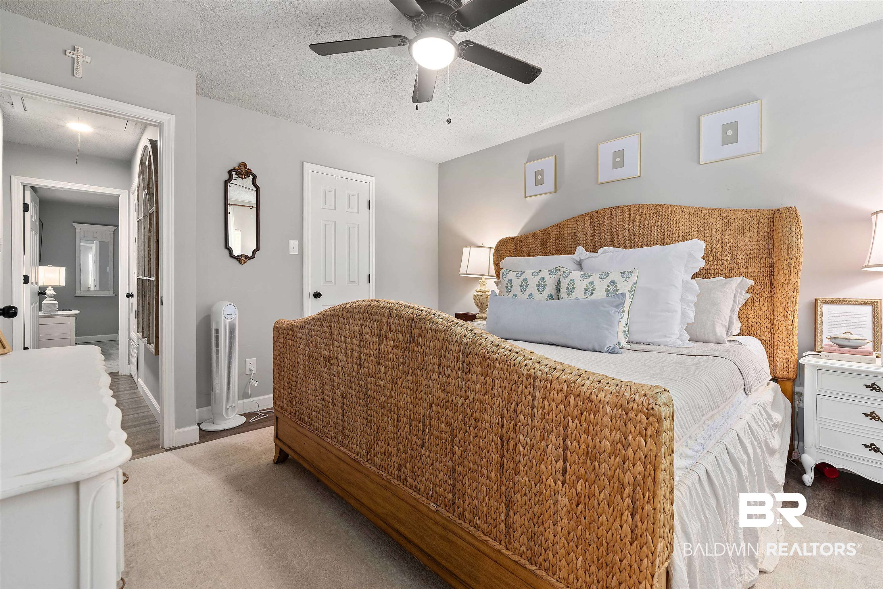 4682 Opal Drive Mobile, AL 36619 - Photo 13 of 27 Bedroom with light hardwood / wood-style floors, a textured ceiling, and ceiling fan