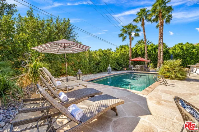 a view of a patio with couches table and chairs under an umbrella with palm trees