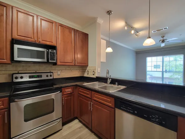 a kitchen with a sink a counter space appliances and cabinets