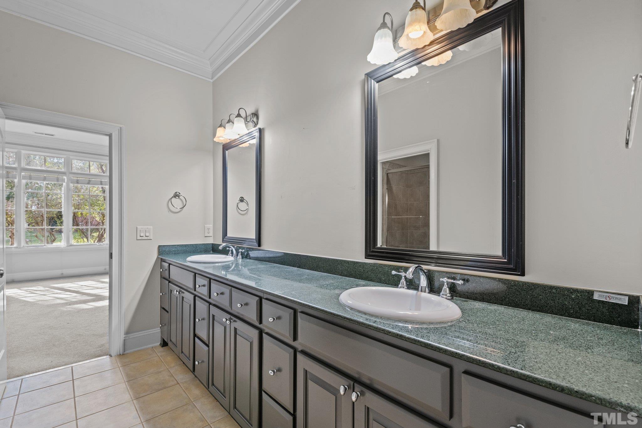 12501 Village Springs Road Raleigh, NC 27614 - Photo 74 of 93 a bathroom with a granite countertop sink and a mirror