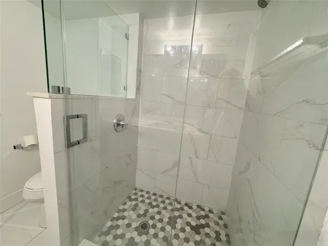 a bathroom with a shower and a toilet