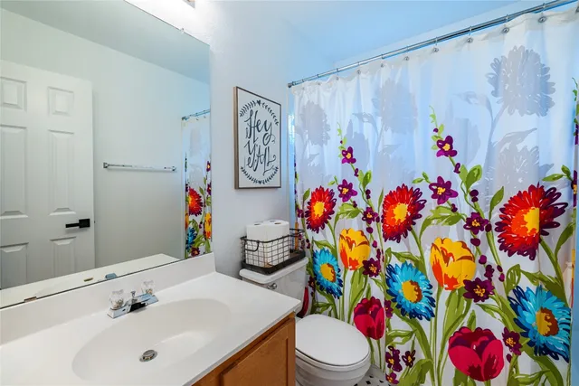 a bathroom with a sink mirror vanity and toilet