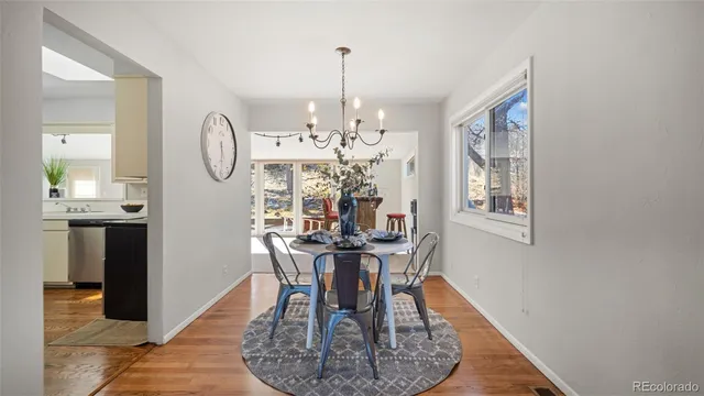 a view of a dining room with furniture window and wooden floor