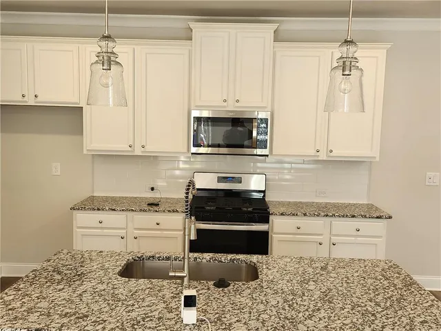 a kitchen with stainless steel appliances granite countertop a stove a sink and a microwave