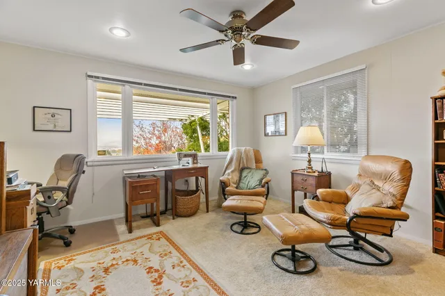 a workspace with chandelier