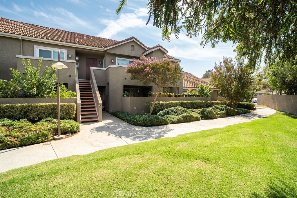 a view of a house with a yard and potted plants