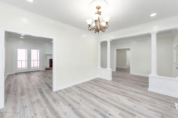 a view of a chandelier in a room