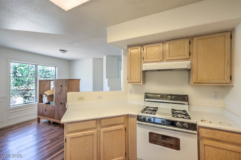 698 South Racetrack Road, Unit 1014 Henderson, NV 89015 - Photo 15 of 25 Kitchen with white gas range, under cabinet range hood, dark wood-style flooring, a peninsula, and light countertops