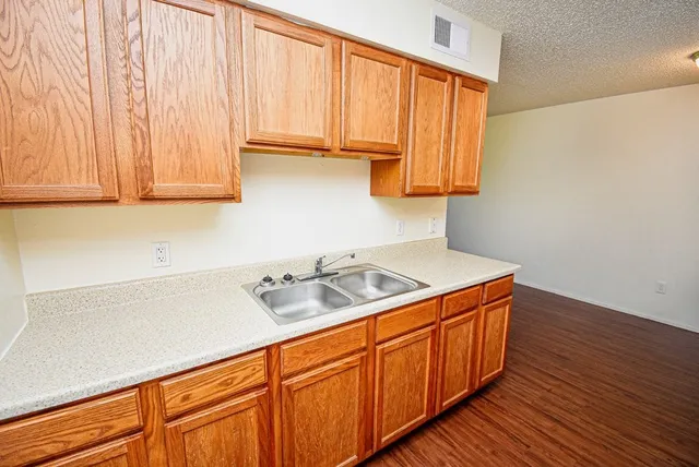 a kitchen with a sink and cabinets