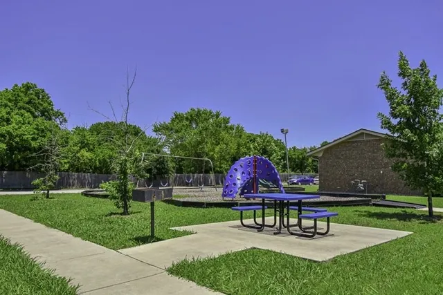 a garden view with a seating space and garden