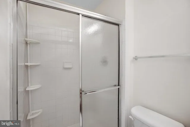 a bathroom with a shower and toilet