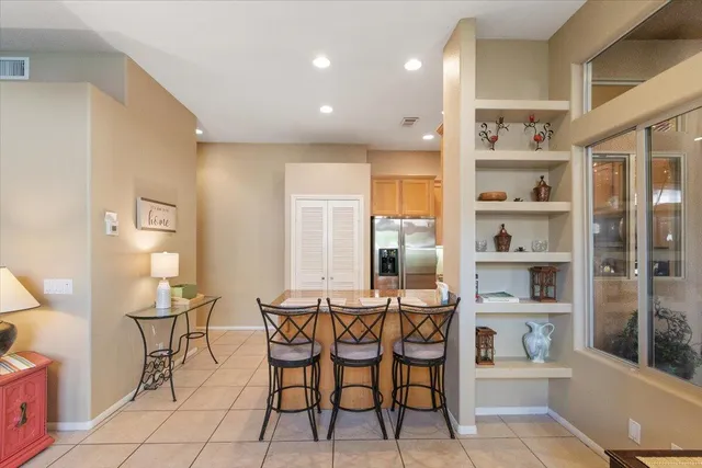 a view of a dining room with furniture