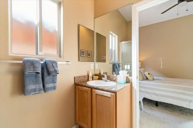 a bedroom with a bed and a sink