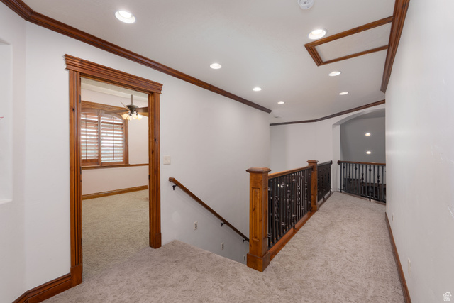 687 South 2080th Street East Springville, UT 84663 - Photo 48 of 149 Upper-level hallway with neutral carpeting, recessed lighting, and ornate wood and wrought iron railings
