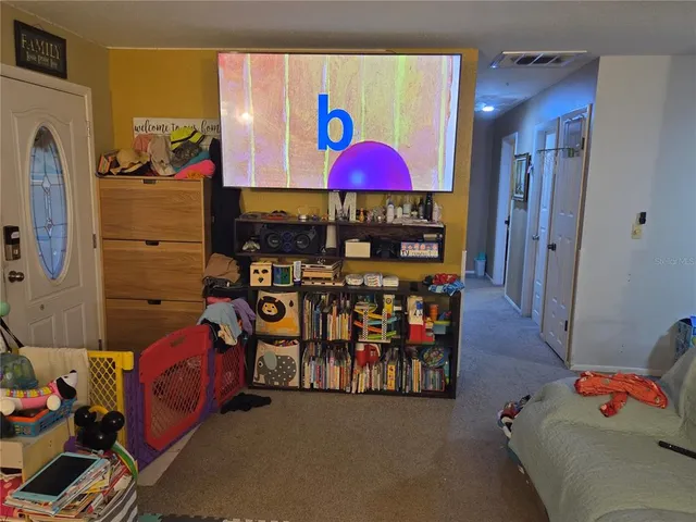 a view of a room with shelves