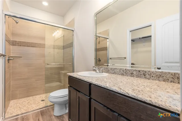 a bathroom with a granite countertop sink a toilet and shower