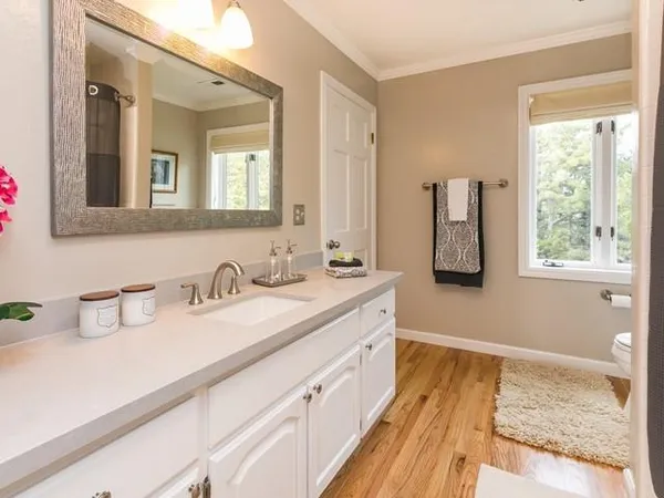 a bathroom with a granite countertop sink and a mirror